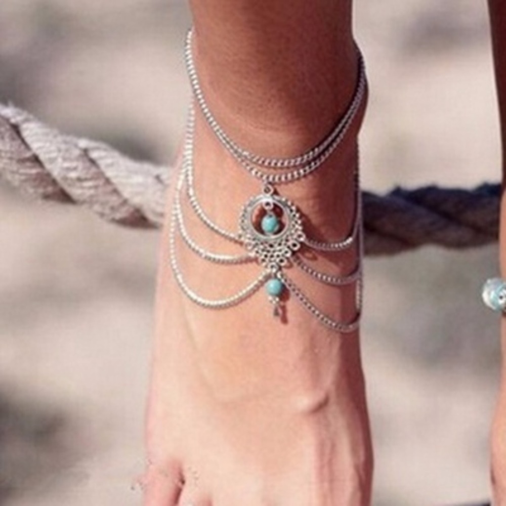 1pc Boho Turquoise Barefoot Sandal Anklet - Picture 2 of 4